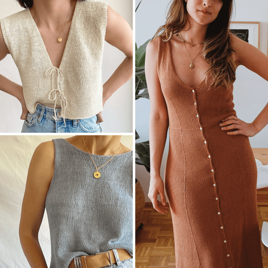 Three pics of summer knitting pattern results: two tops and one dress