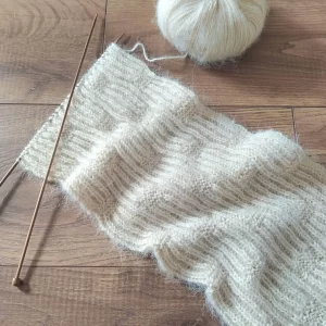 the brioche lane scarf in progress flatlay, casually wrinkled to show the texture